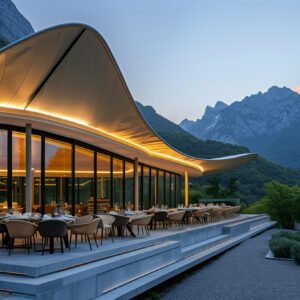 photograph by roland halber, exterior view of an elegant restaurant, mountain vistas, designed by santiagocalatrava --ar 16:9 Job ID: 052df8a0-a3a2-4bf1-8e70-5659cfb24f3f